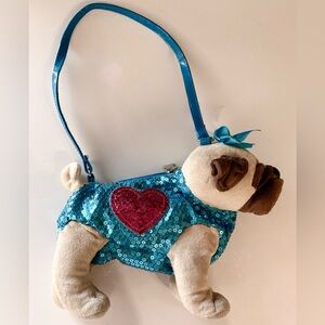 Pug dog purse, sequin and heart shoulder bag.  Poochie & Co.